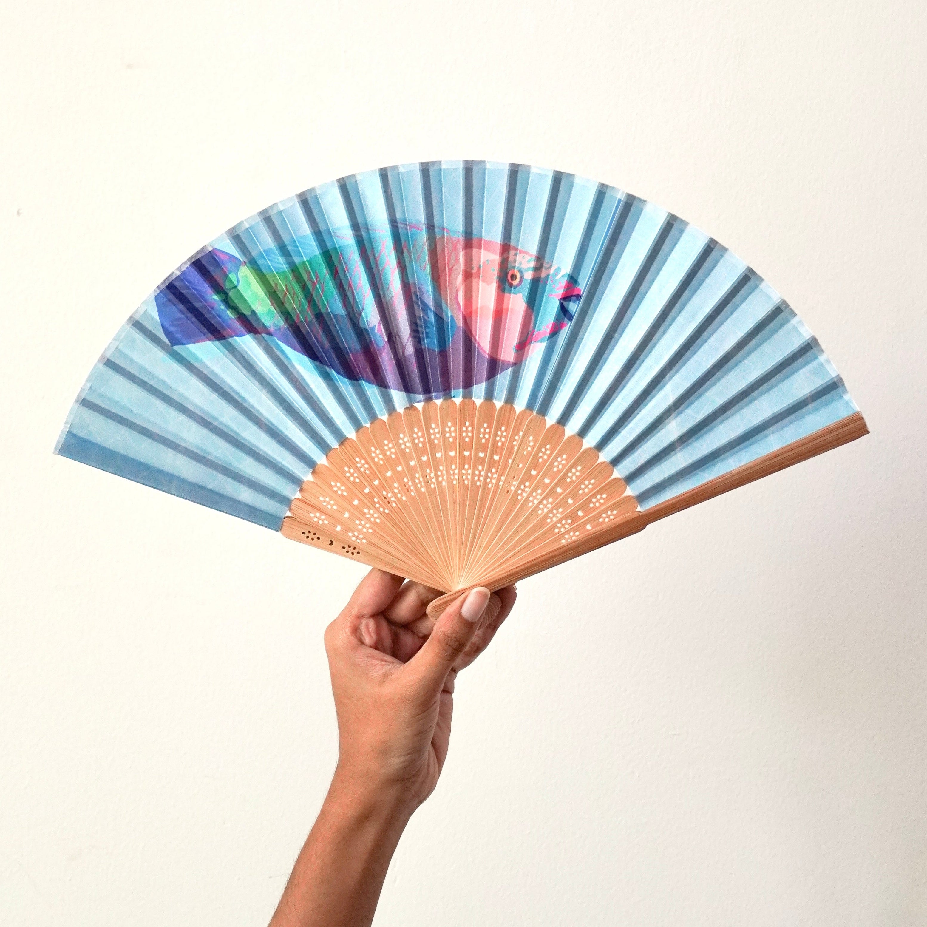 Hand holding a colorful hand fan of a parrotfish with a blue and pink design on a white background